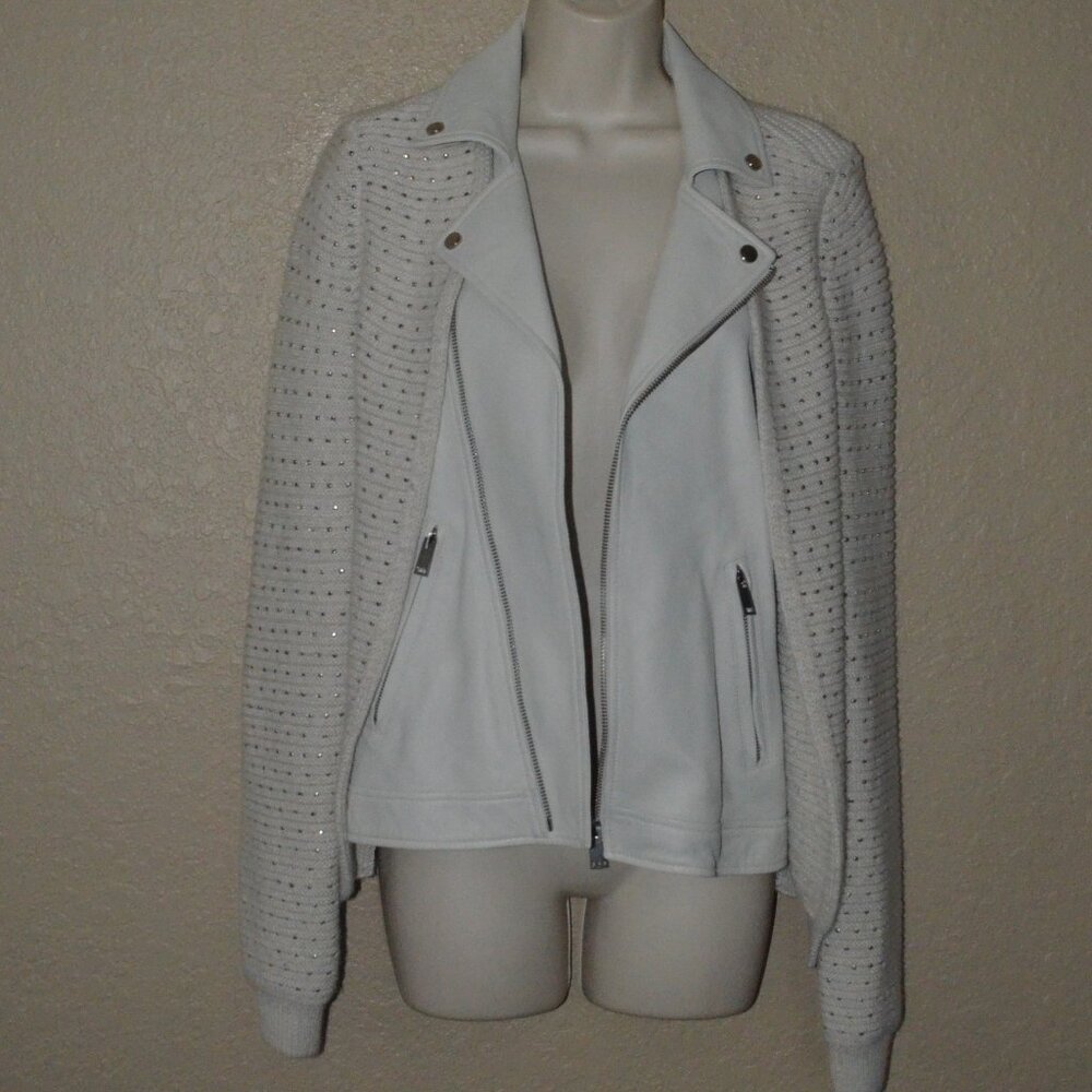 NWOT $1870 Sz 36 2 Nour Hammour Beige Knit Leather Contrast Jacket